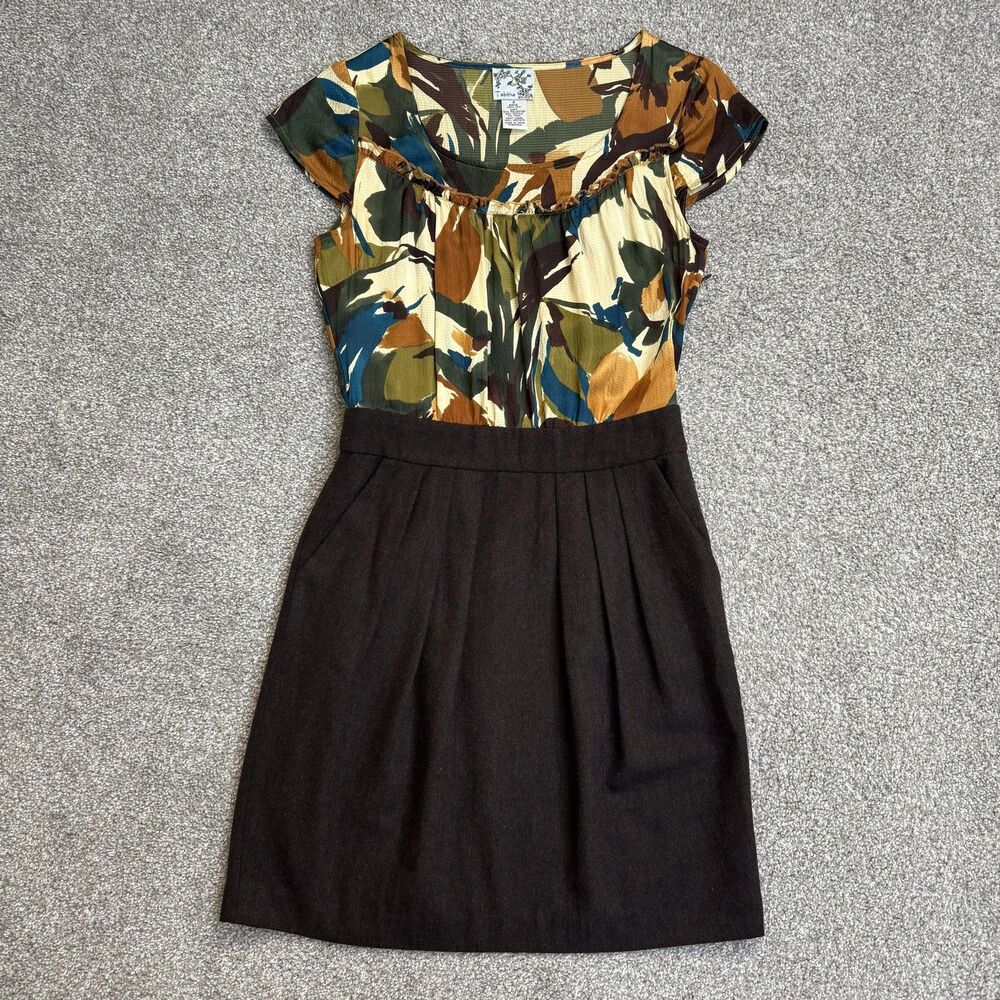 Tabitha Dress Womens 2 Brown Floral Silk Bodice Work Office Chic Wool Art Print